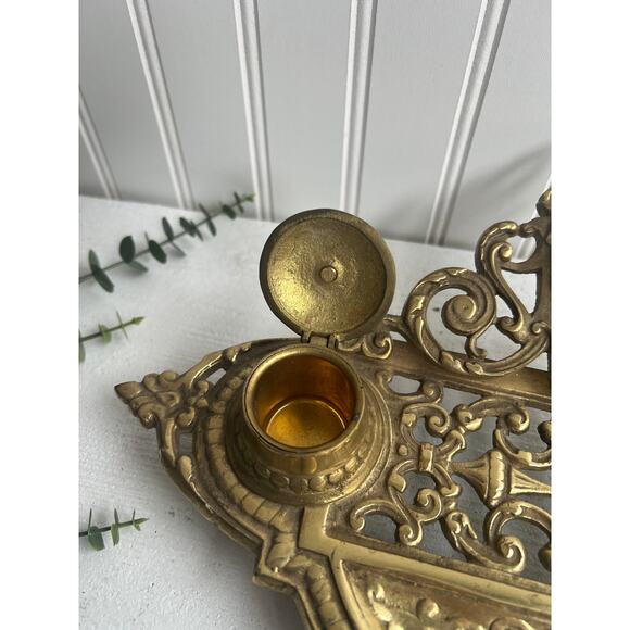 Vintage Ornate Brass Double Inkwell | Victorian-Inspired Desk Accessory - Picture 6 of 9